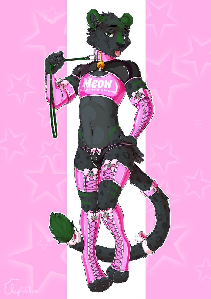Ferolux, a slim and feminine built melanistic anthropomorphic jaguar with dark green markings is proudly wearing cute pink and black latex outfit. The outfit features a pink crop-top with the text "Meow" and in smaller letters "*means I need to be bound" below it. 
The outfit also features cuffs and laced gloves and stockings with cute bowties and heart-shaped padlocks. 
Ferolux is holding the leash to his own collar while looking at the viewer and sticking out his tongue in a teasing way. The collar features a golden bell. 