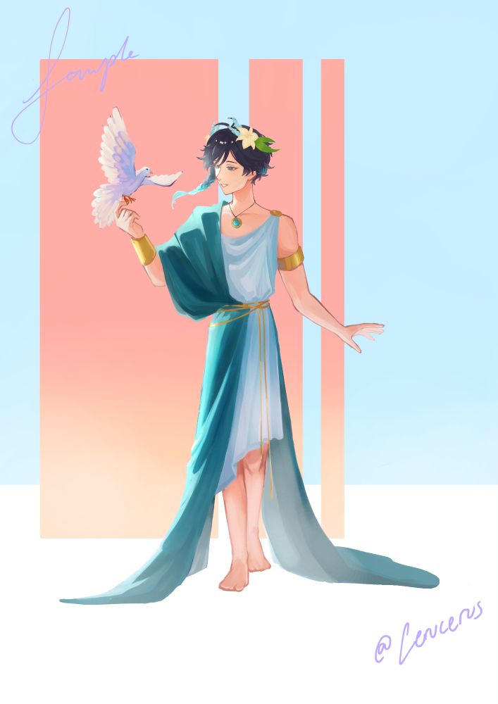 Venti in pale blue and teal greco-roman inspired robes. A white bird lands on his finger. 