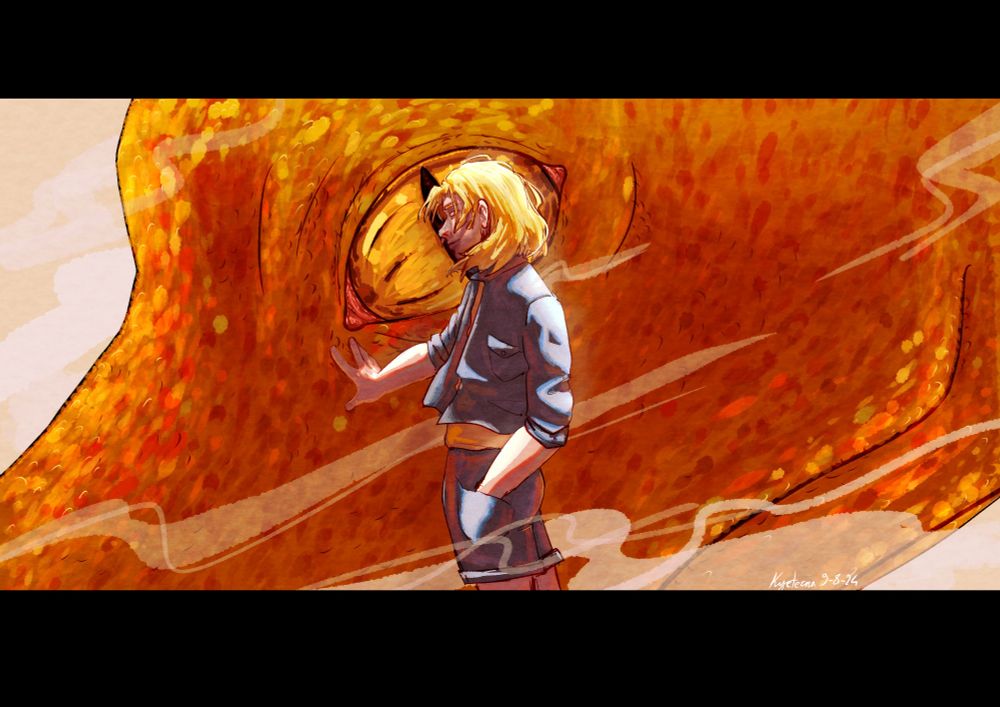 Digital drawing of a young blonde girl standing in in front of the profile of a giant golden dragon. We can see her from the side, looking at the camera from the corner of her eye, not facing us, smiling a bit smugly. She wears a jean jacket and jean shorts. As she faces towards the left of the photo, her left hand rests in her shorts pocket and her right hand touches right below the dragon's eye, which is partially hidden by her head. The dragon is somewhat iridescent, with scales ranging from yellow/golden hues to dark red ones. There are mist clouds flowing around, giving it an atmosphere of mystery