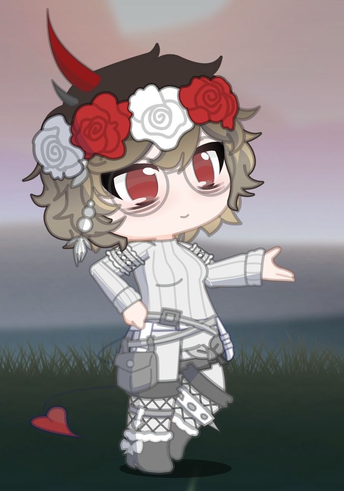 A lady with white and dark grey clothing. Her eyes are red and her skin is pale. Her hair is brown which fades into blonde. She has a devil’s tail and horns to match. She also has a red and white flower crown.
