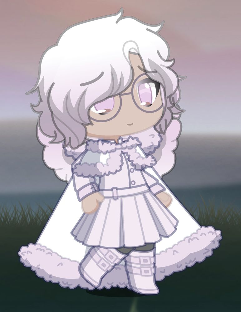 A lady dressed in mostly pastel pink with white accents on her cape and shawl. Her eyes are pink too.