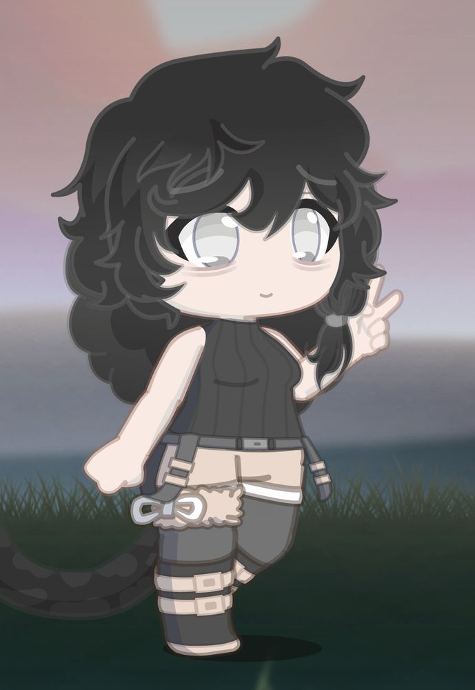 Nina Arktika. She is mainly wearing black, with orange accent. She is wearing a black sleeveless turtleneck, and orange shorts paired with black socks and boots. 