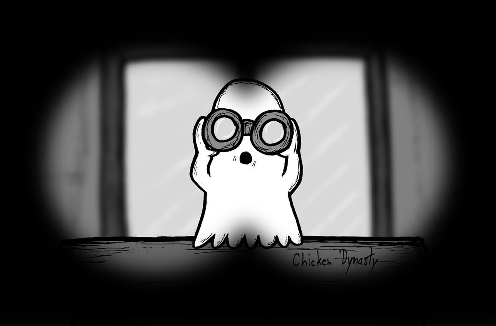 POV of someone looking through binoculars at a surprised ghost looking at THEM through binoculars.