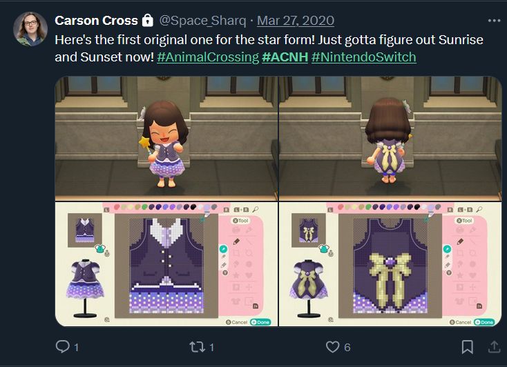 A tweet from 2020 showcasing a Magical Girl dress I made in Animal Crossing, and my character wearing it.