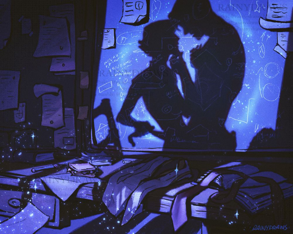 Arcane fanart illustration of Jayvik’s silhouettes shadow on a blackboard, the lab is mostly in darkness, there’s a dim blue light bathing eveything. Some of Jayce’s clothes are laying around on the desk. There’s also a sandwich and signs that they’ve been working, like an open book where his red tie is now resting. Through their shadows, we see Viktor is pulling Jayce in from his pants. His crutch must be leaning on some table as it’s standing behind. Jayce is holding Viktor’s chin with one hand and Viktor’s free hand, that is resting on his chest, with the other. The artwork is mostly in blue hues, drawn in a sort of cartoon comic-y style with thick black lineart, halftones and noise with an emphasis on light/shadow to showcase the shapes of objects, and added sparkles for the magic.