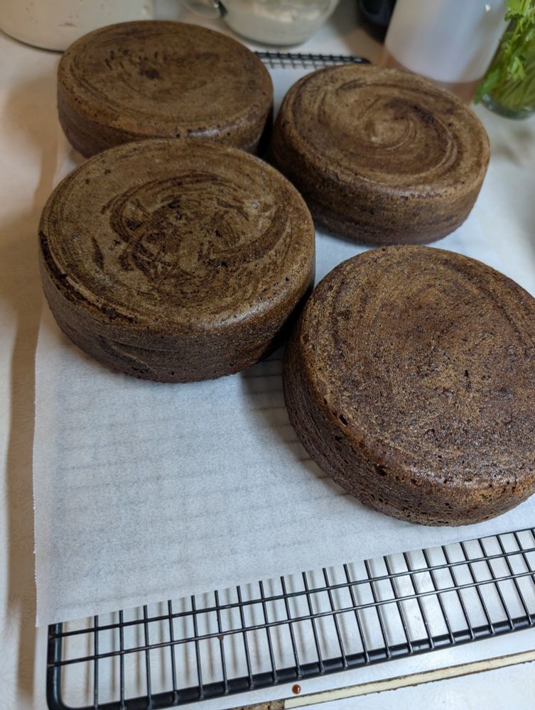 4 mini chocolate cake rounds, waiting for frosting or freezer