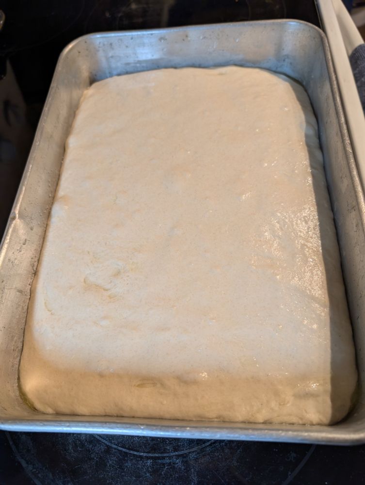 Dough in pan, ready for poking and toppings