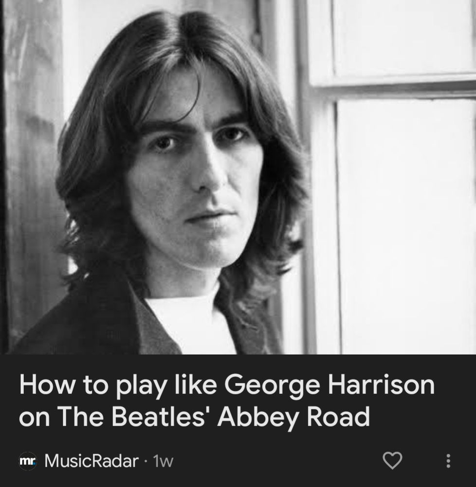 A picture of George and the headline. How to play guitar like George Harrison on abbey road