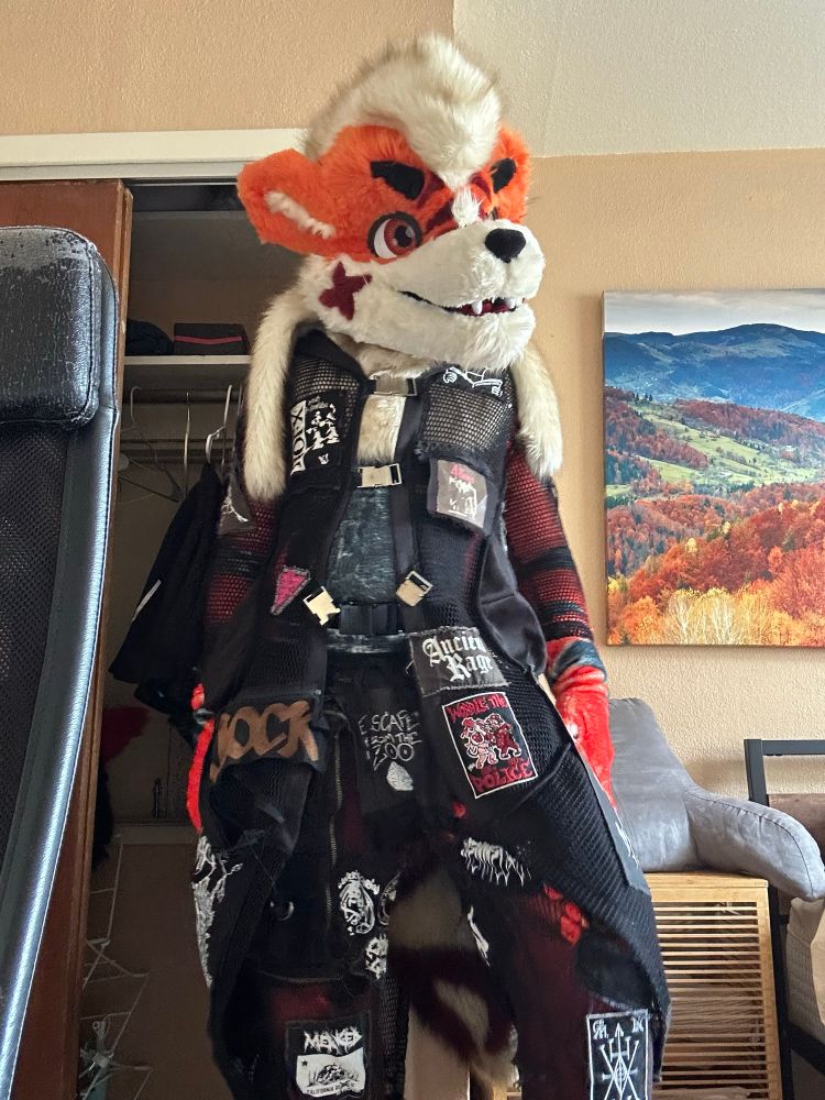 Me in my arcanine fursuit. I have a mesh trenchcoat and mesh pants on; they’re covered in patches and zipper patches. Escape from the Zoo is over the crotch, and bands like Jock, NoFX, Descendents, and Fall of Efrafa are included.