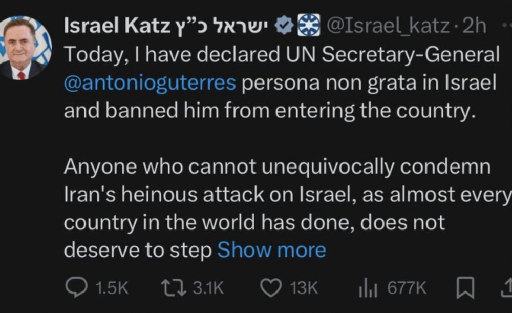 Israel bans UN Secretary General from entering for not condemning everything it wants and believing its lies