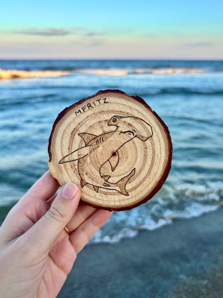 Pyrography of a hammerhead shark on a small circle wood slice held in front of the Atlantic Ocean