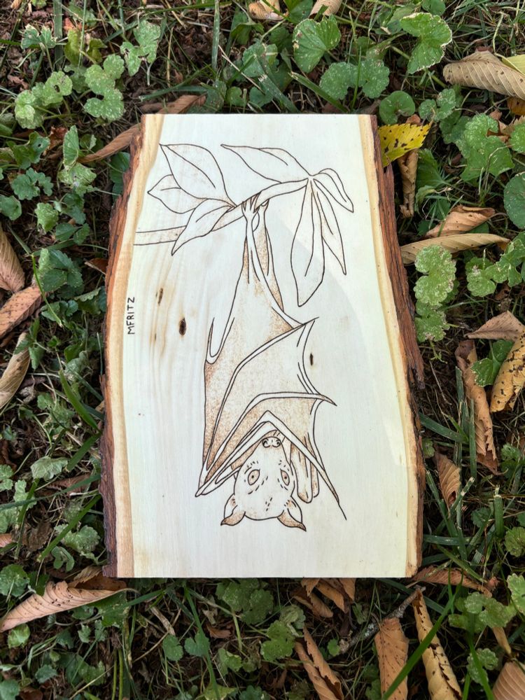 Pyrography design of bat hanging from a branch of leaves on a rectangle wood slide laying in grass with fallen autumn leaves