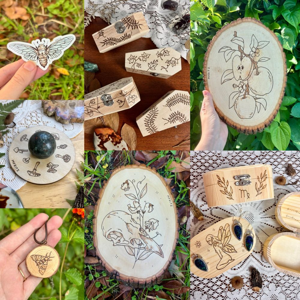 Collage of 7 photos including a cicada pyrography sticker held in front of grass and fallen leaves, ivy and centipede wood burned coffin boxes displayed on a wood table with lace, crystals and dried leaves, an apple branch wood burning held in front of green foliage, wood burned mushroom circle sphere stand holding a bloodstone sphere displayed on a wood table with lace, crystals, and dried ferns, a small wood slice necklace on brown faux leather wax cord with pyrography of a moth held in front of green foliage and orange flowers, a raven skull with sweet pea wood burning laying in grass and fallen leaves, 3 Virgo inspired wood burned trinket boxes and 3 malachite azurite necklaces laying on lace with dried mushrooms