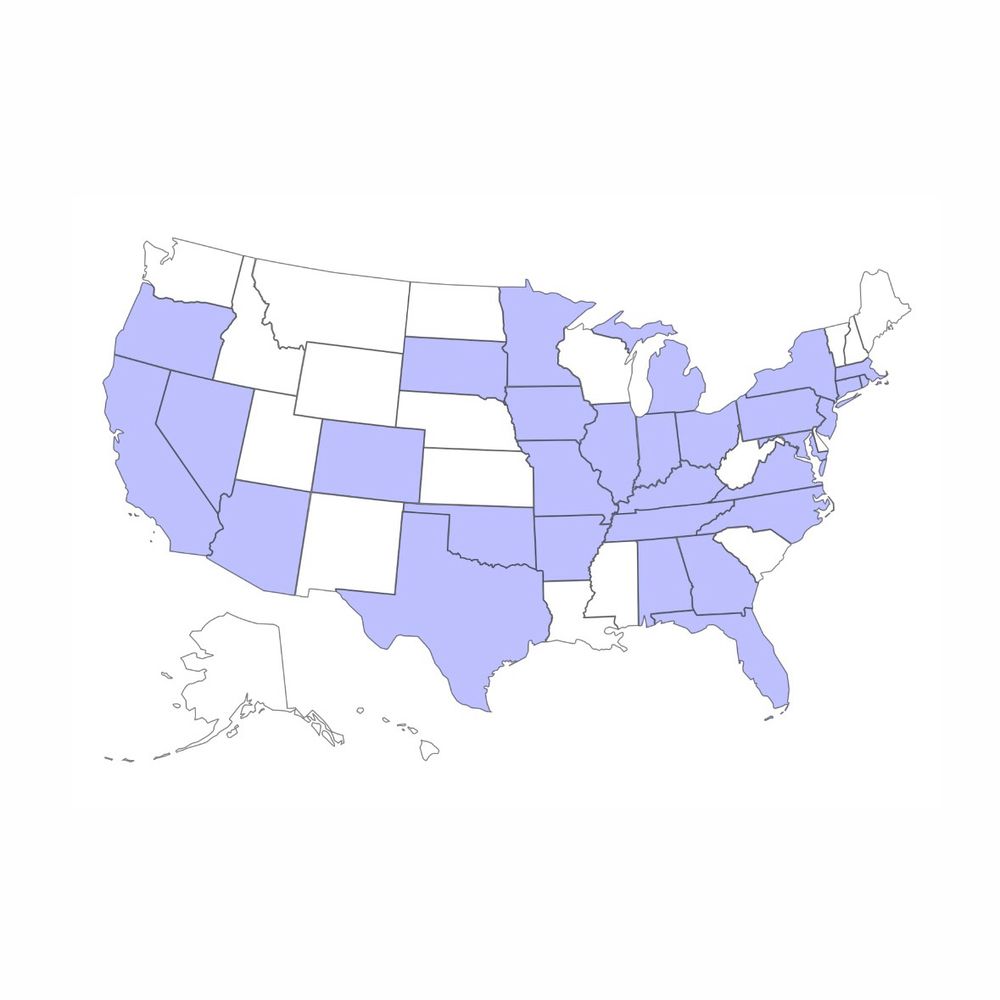 United States map of places I’ve sold my art too. Purple states that indicate sold include: Oregon, California, Nevada, Arizona, Colorado, Texas, Oklahoma, South Dakota, Minnesota, Iowa, Missouri, Arkansas, Alabama, Tennessee, Kentucky, Illinois, Indiana, Michigan, Ohio, Pennsylvania, New York, Massachusetts, Connecticut, Rhode Island. New Jersey, Maryland, Virginia, North Carolina, Georgia, Florida. The rest of the states are white which indicates that I haven’t sold art to them.