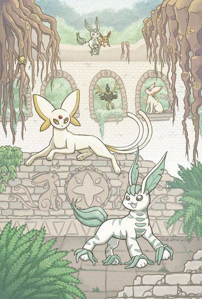 A drawing of beta Espeon and Leafeon in an overgrown ruin.