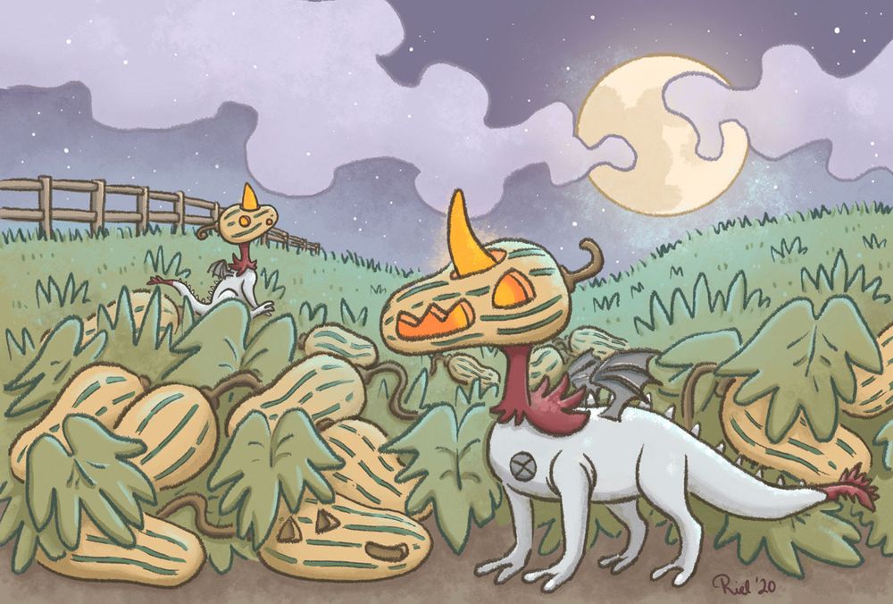 A drawing of spooky dragons with gourds for heads in a field under a full moon.