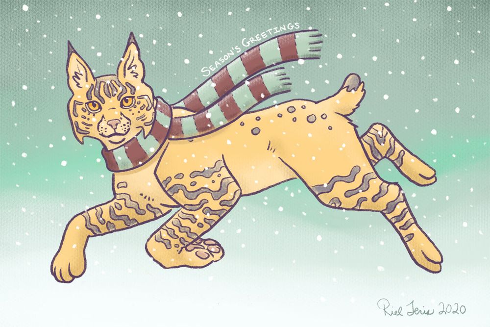 A digital drawing of a bobcat frolicking in the snow and wearing a scarf.