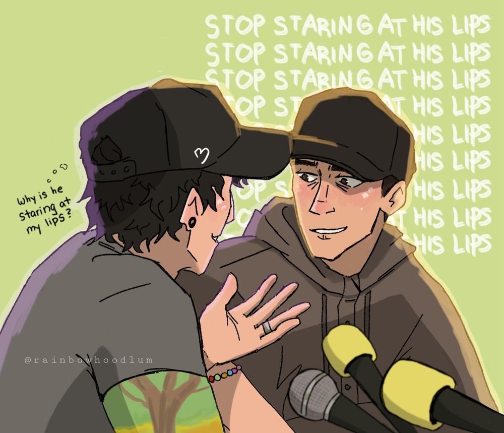 Tyler gazes at Josh as he speaks at an interview while internally telling himself to stop staring at Josh's lips; meanwhile Josh wonders why Tyler is staring at his lips.