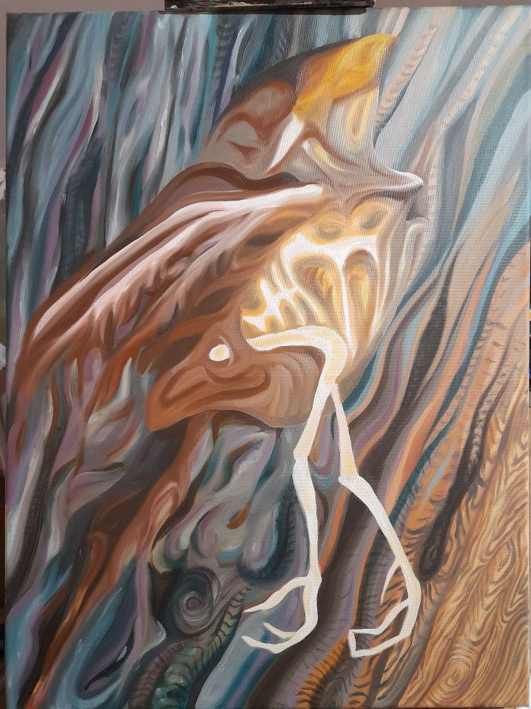 An oil painting of a dessicated young bird who is slowly melting into the creosote log on which it fell