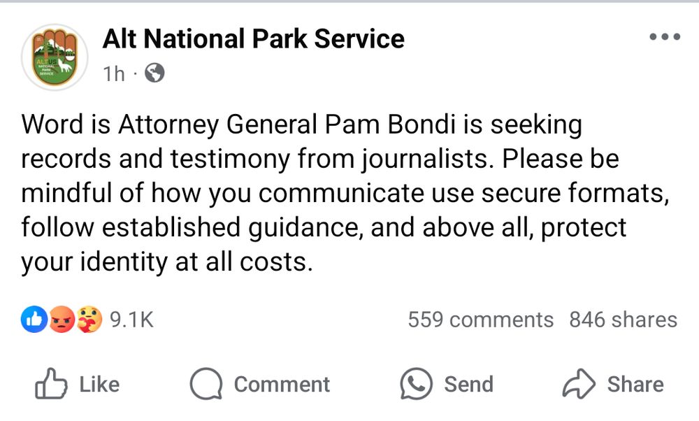 A screenshot of @altnps.bsky.social warning followers to "use secure formats" to communicate online, while posting on Facebook, the least secure format