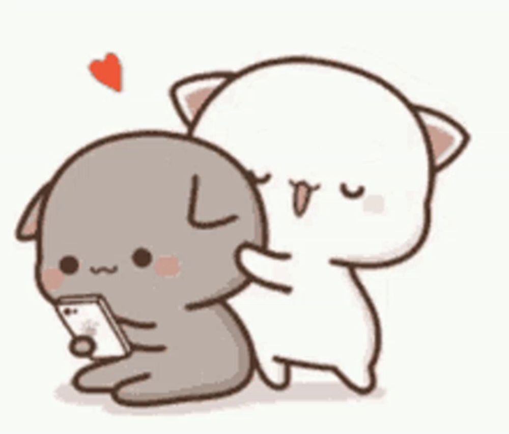 a cartoon cat and a dog are hugging each other while the dog is holding a cell phone .