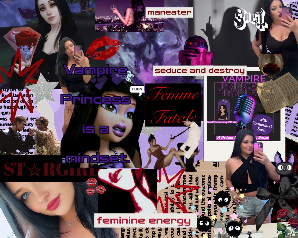 a collage of my selfies and some of my favorite things like star wars, mtg, ghost, reading, studio ghibli, the sims, and my podcast 