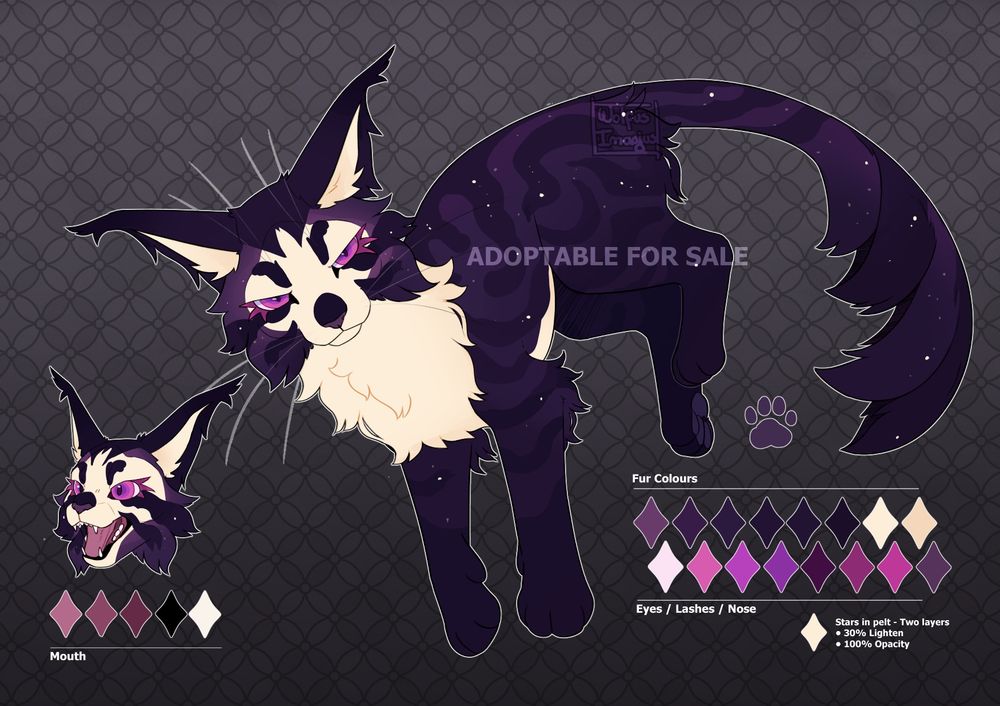Illustrated reference of a purple tabby cat with light cream underbelly, neck fur and face marking. The fullbody of the cat is in a floaty pose, most features of the cat are displayed, such as the fluffy ear tips, fluffy cheeks, magenta coloured eyes with long lashes, a very fluffy neck and a haf feathered stylized tail.
The headshot on the bottom left shows the character with the moutgh open and slightly angry.
The color keys are included in the image, it also includes how to make the starry effect on the pelt of the cat.