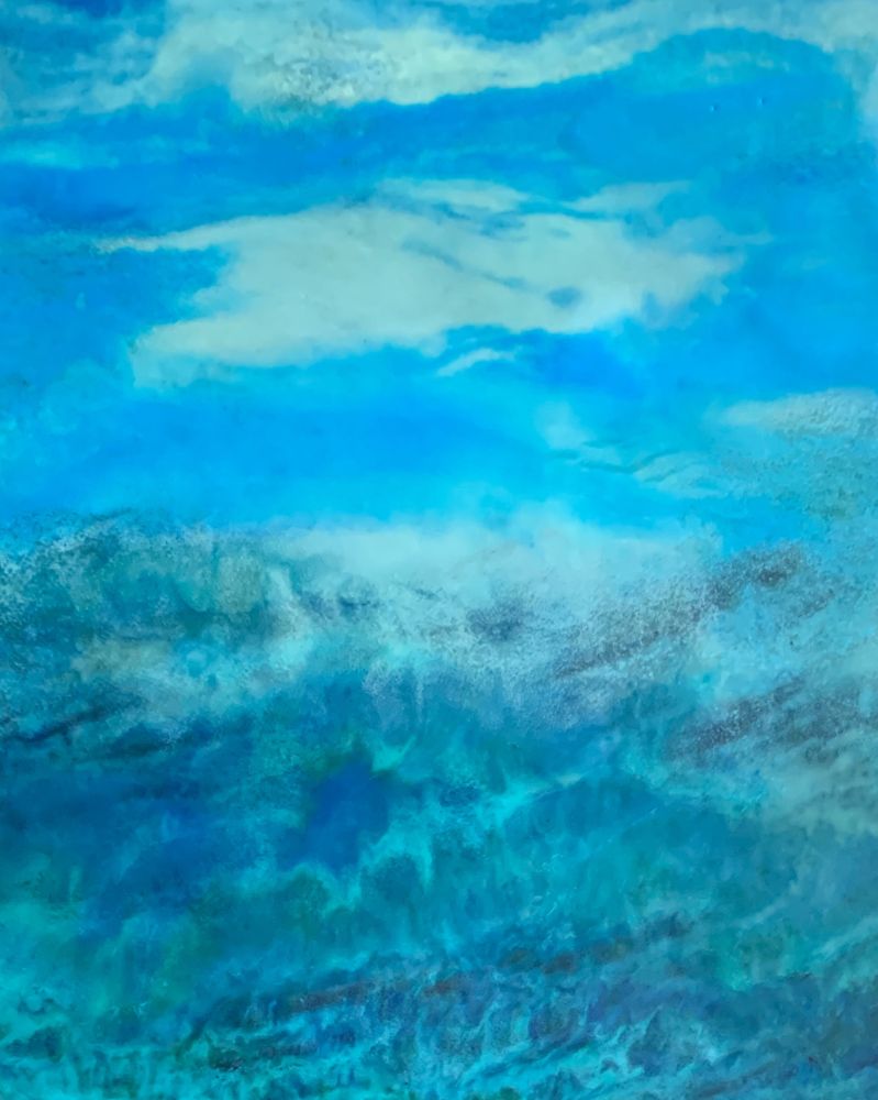 An abstract interpretation of an ocean and sky.  Blended and swirling of predominantly blues followed by greens and white.