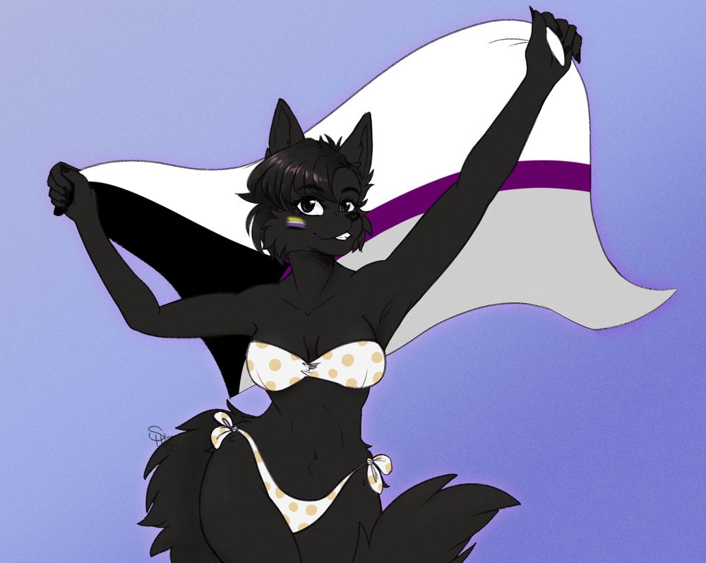 black feline character wearing a white and yellow polkadot biniki holding a demisexual flag up over their head