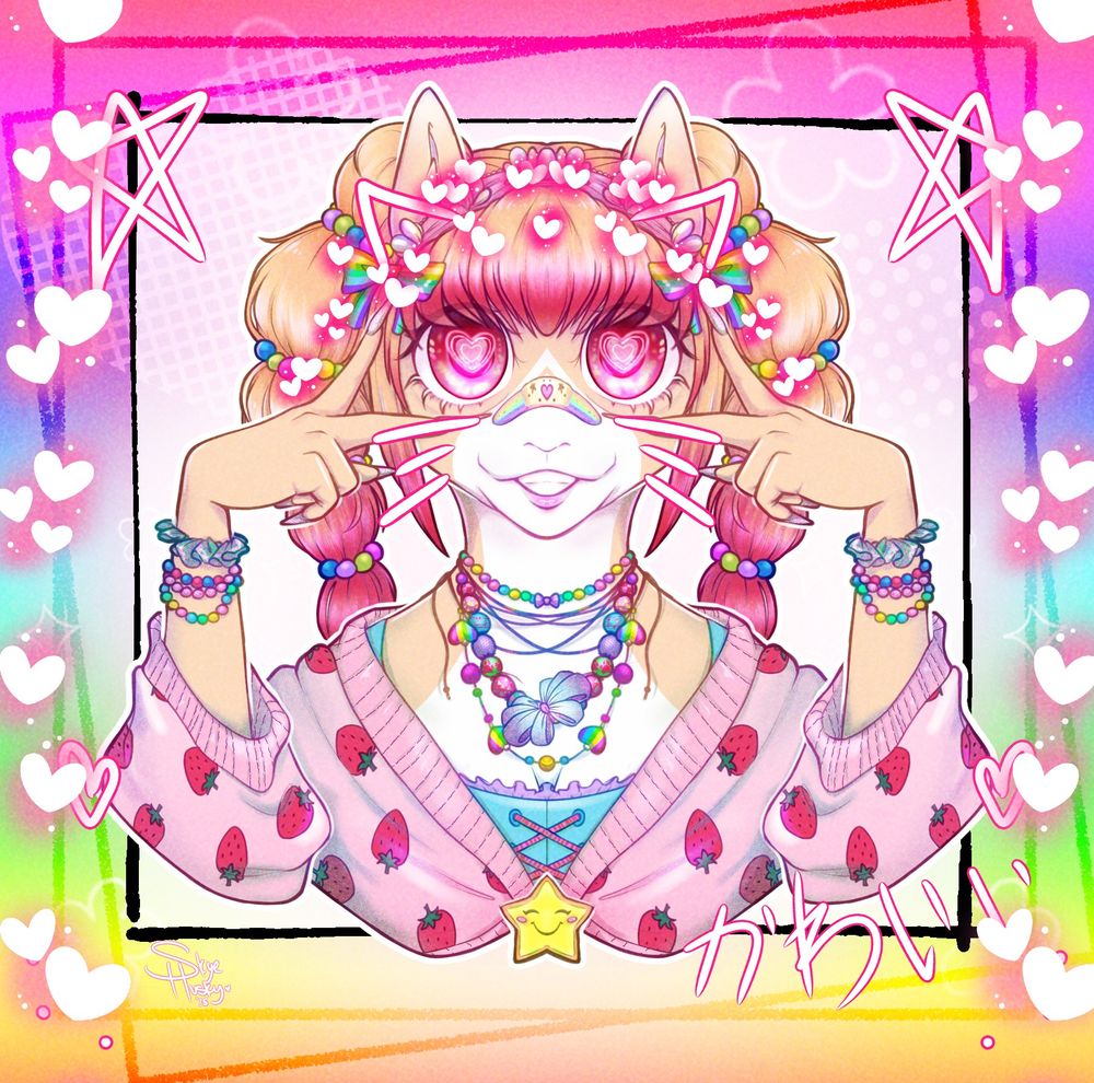 symetrical bust of an alpaca oc holding up 2 peace signs over her eyes.  her hair is styled in twin bubble braids with many coloured beads on them. she is also wearing many many coloured beaded necklaces and bracelets. she is wearing a big pink cardigan with strawberries on it.  Her eyes ahve been exaggerated and there is multiple decorations drawn over the top in a purikura style