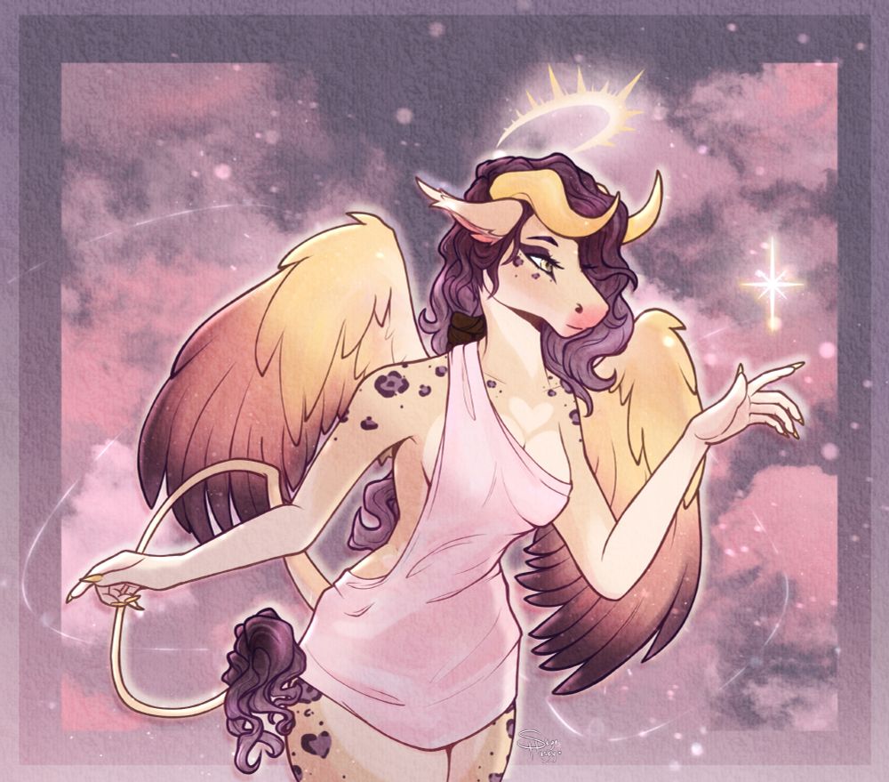 Neutral toned dragon equine character with sunset coloured wings and purple hair. she is reaching towards a shimmer