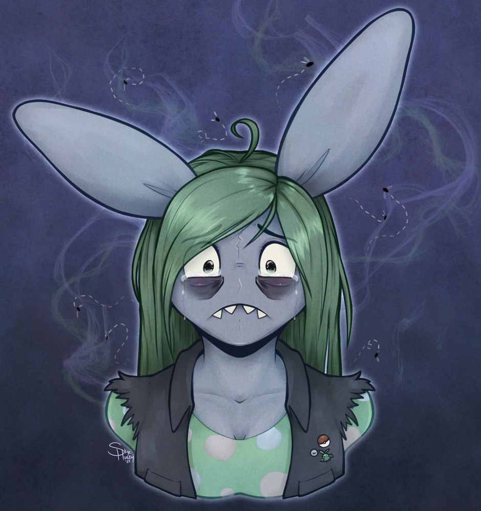 Symmetrical Bust of a trubbish poke-sona who is looking sad and crying while being surrounded by flies and stink 