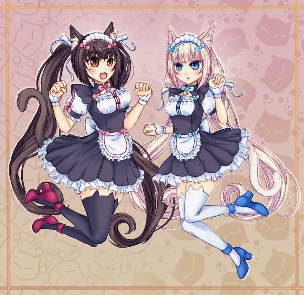 fullbody image of 2 cat girls from the game series nekopara, Chocola and Vanilla. They are in their cafe maid outfits and doing a cute nyan jump. 