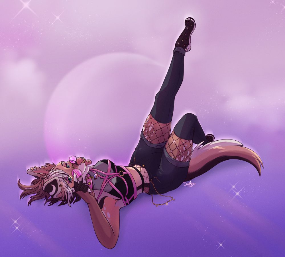 lounging with legs kicked in the air. female brown toned furry canine wearing a pink body harness and black clothes.