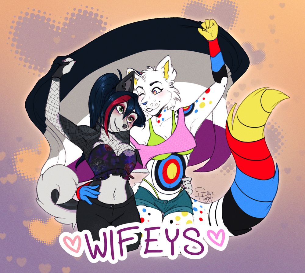 sketch of my sona skye who is a dark themed husky with navy and blue hair and my friend's sona, who is a white cat with archery like target markings and colours. They are each holding up one side of an asexual pride flag with the text WIFEYS in front. 