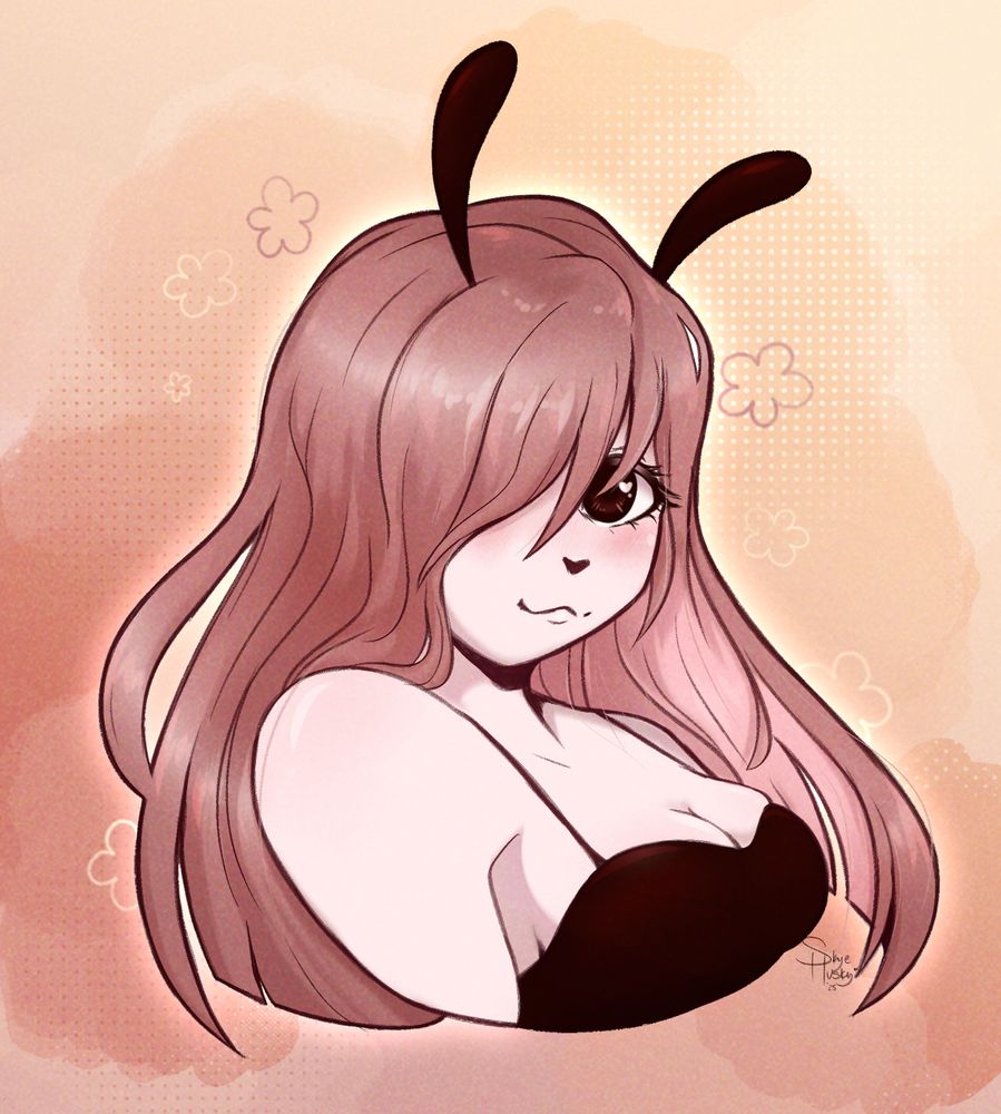pink buglike bunny character with long hair covering one eye