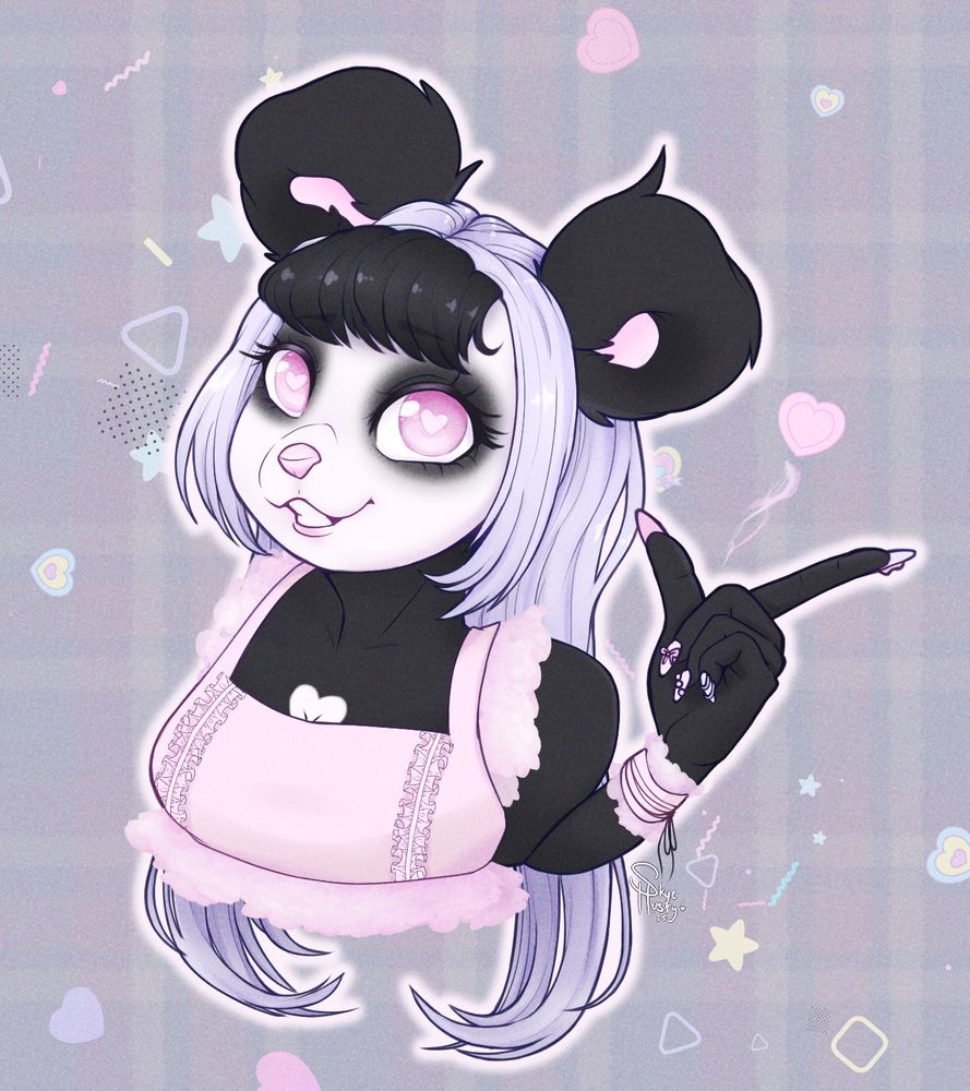 lolita panda ocbust with lilac strraight hair and pink eyes.  she is smiling and clicking a heart from her hand