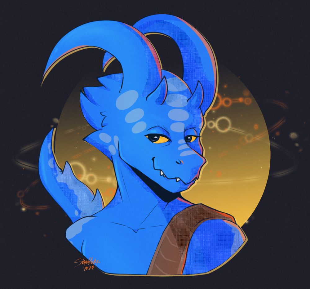 bust of a blue dragon like male character on a yellow abstract background
