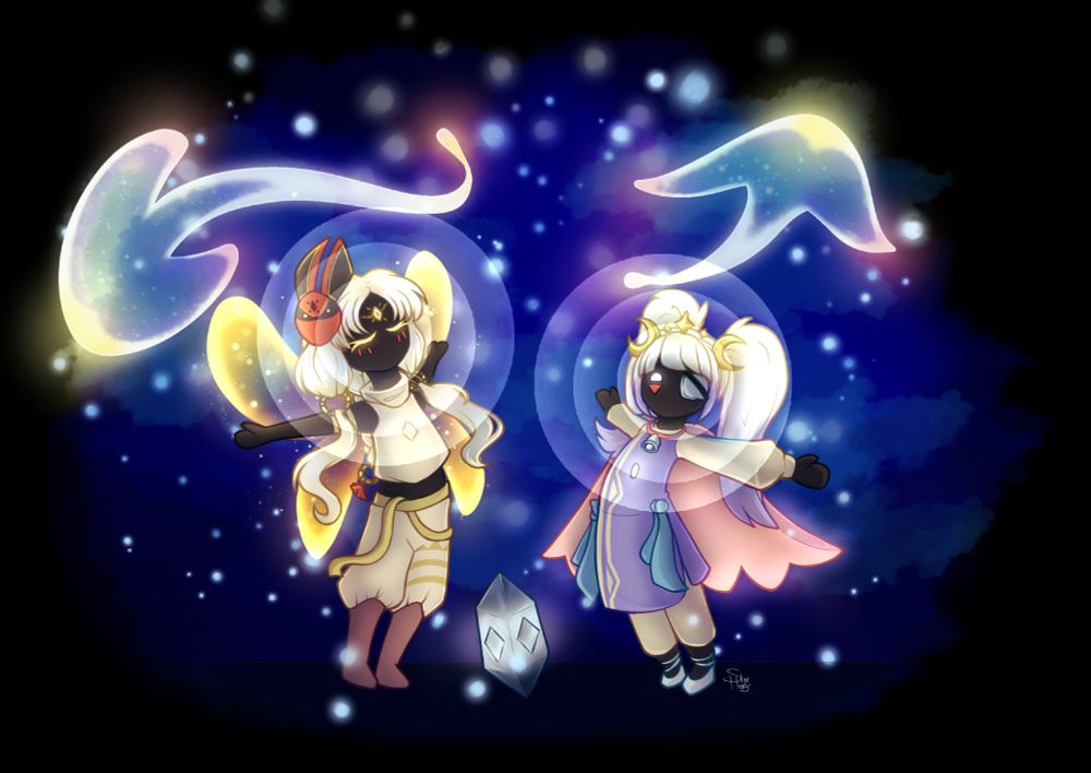 2 skykids from the game sky children of the light from that game company facing each other with outstretched arms in the ''give me a hug'' pose from the game. around them are floating spiritly manta rays and orbs of light.  The difference in this image is that they are both honking at each other.