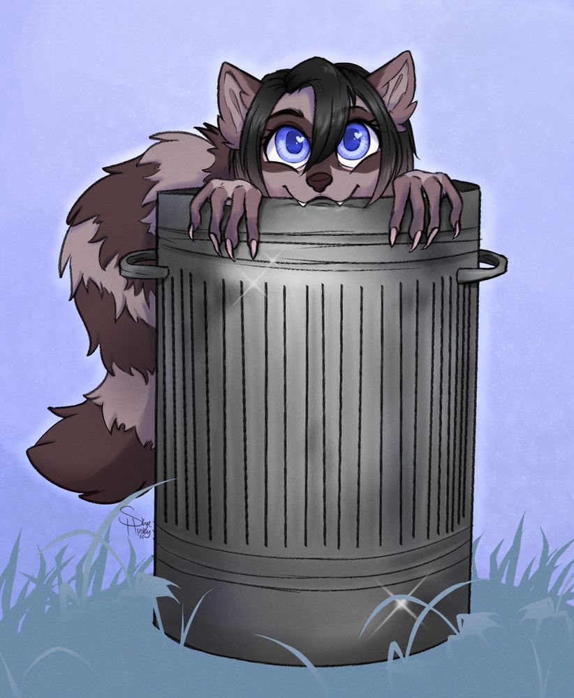 raccoon OC in a trash can, taking  a little chomp out of the top of it