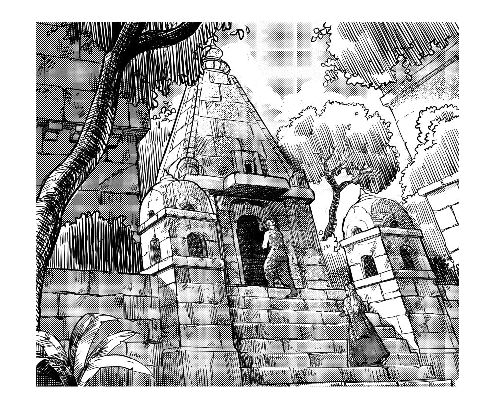 A detailed black-and-white comic panel depicting an ancient stone temple in Ayodhya. Two figures ascend a grand staircase surrounded by lush trees and historic architecture.