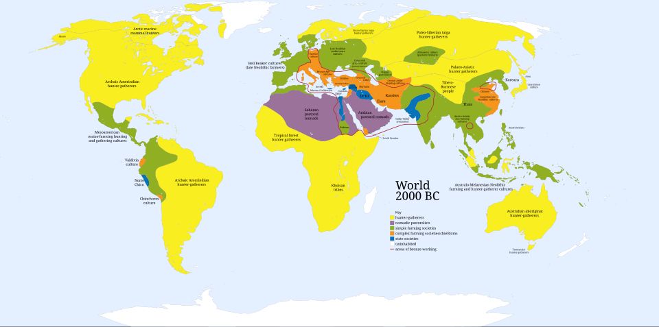 A map from Wikipedia showing (among other things) distribution of settled/agricultural peoples vis-a-vis nomadic peoples in 2000 BC. https://en.m.wikipedia.org/wiki/File:World_in_2000_BC.svg