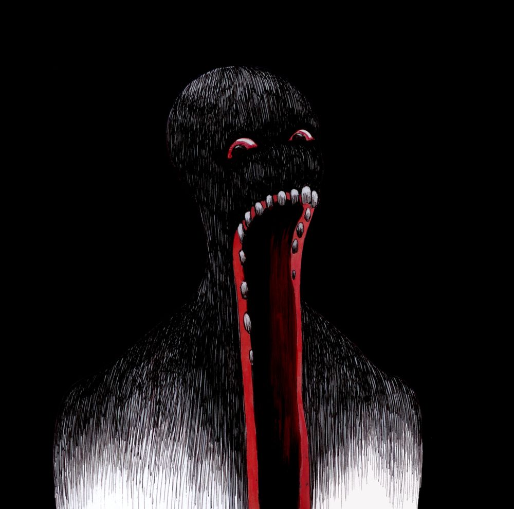 Creepy art by https://millennium-hand.tumblr.com/ depicting a ghost-like figure with the bottom of the mouth stretching downward out of the picture.