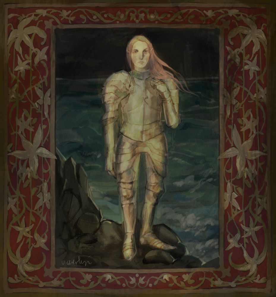 Portrait of a somber knight standing on a cliff by the sea