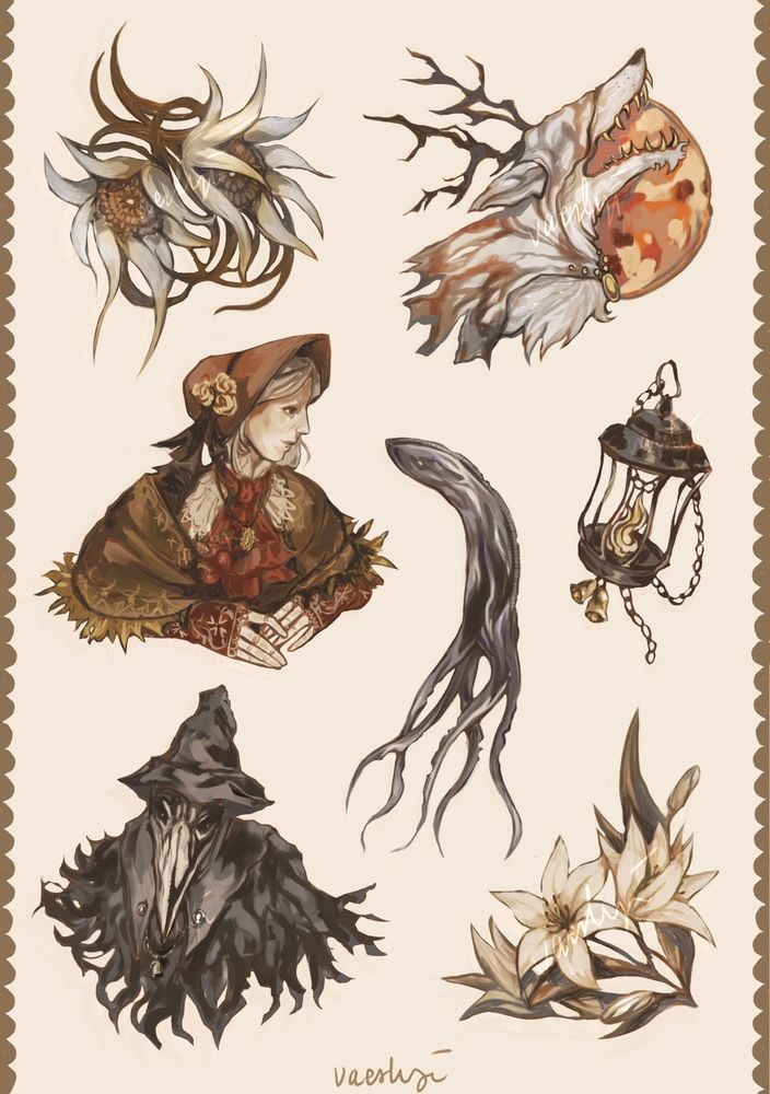 a set of bloodborne stickers: lumenflowers, vicar amelia, plain doll, slug hunter, a lantern, eileen the crow, flowers from hunter's dream