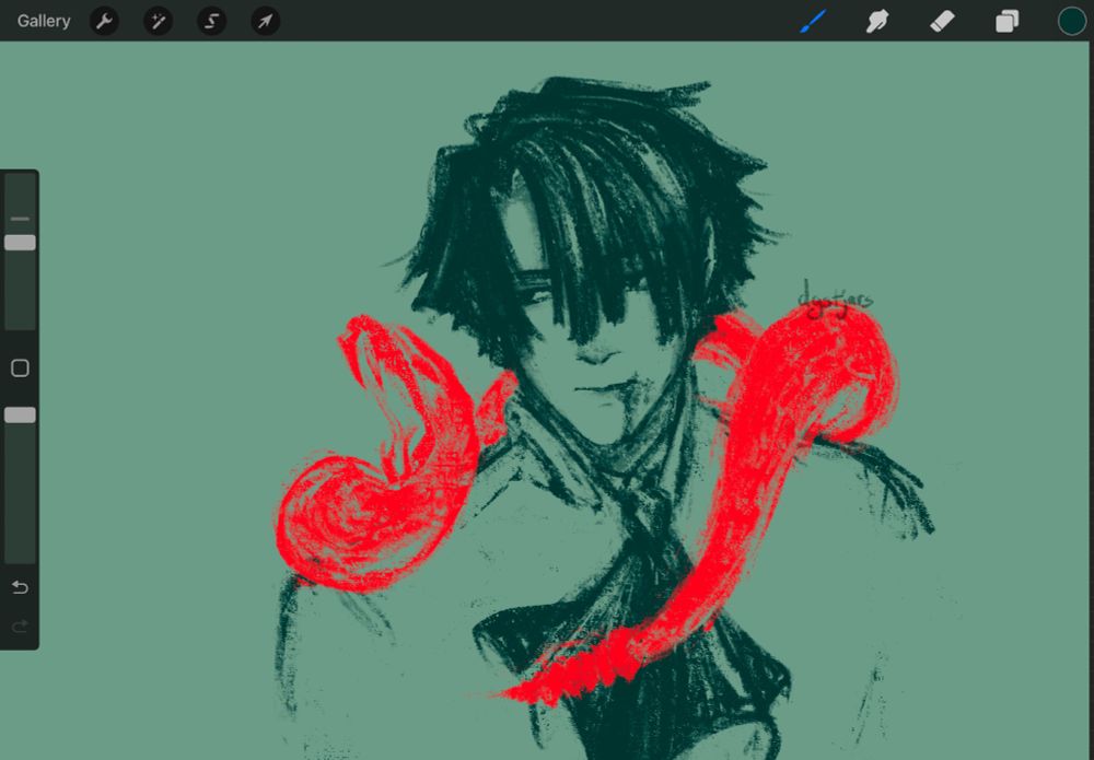 kazuma asogi, bleeding from his mouth, drawn in dark green, with a bright red snake on his shoulders with its mouth open, on a light green background