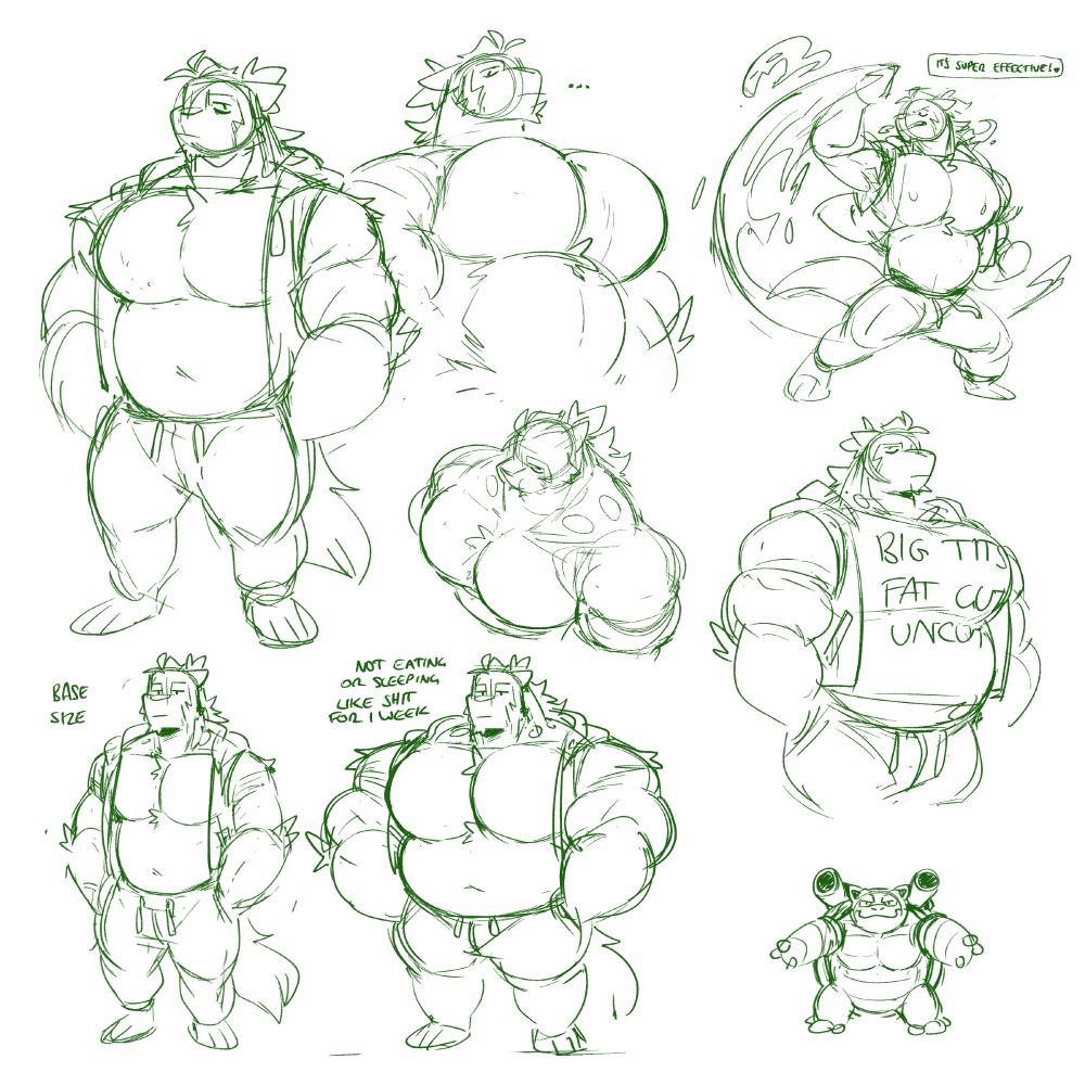 a sketchpage almost entirely of Helio at various sizes. one sketch is of him exorcising a spirit with a fire-type punch. one sketch is labelled "Base Size", and next to it is a much bigger Helio labelled "Not eating or sleeping like shit for 1 week". there's also a sketch of him wearing the "BIG TITS FAT GUT UNCUT" shirt and looking uncomfortable, and one sketch of blastoise.