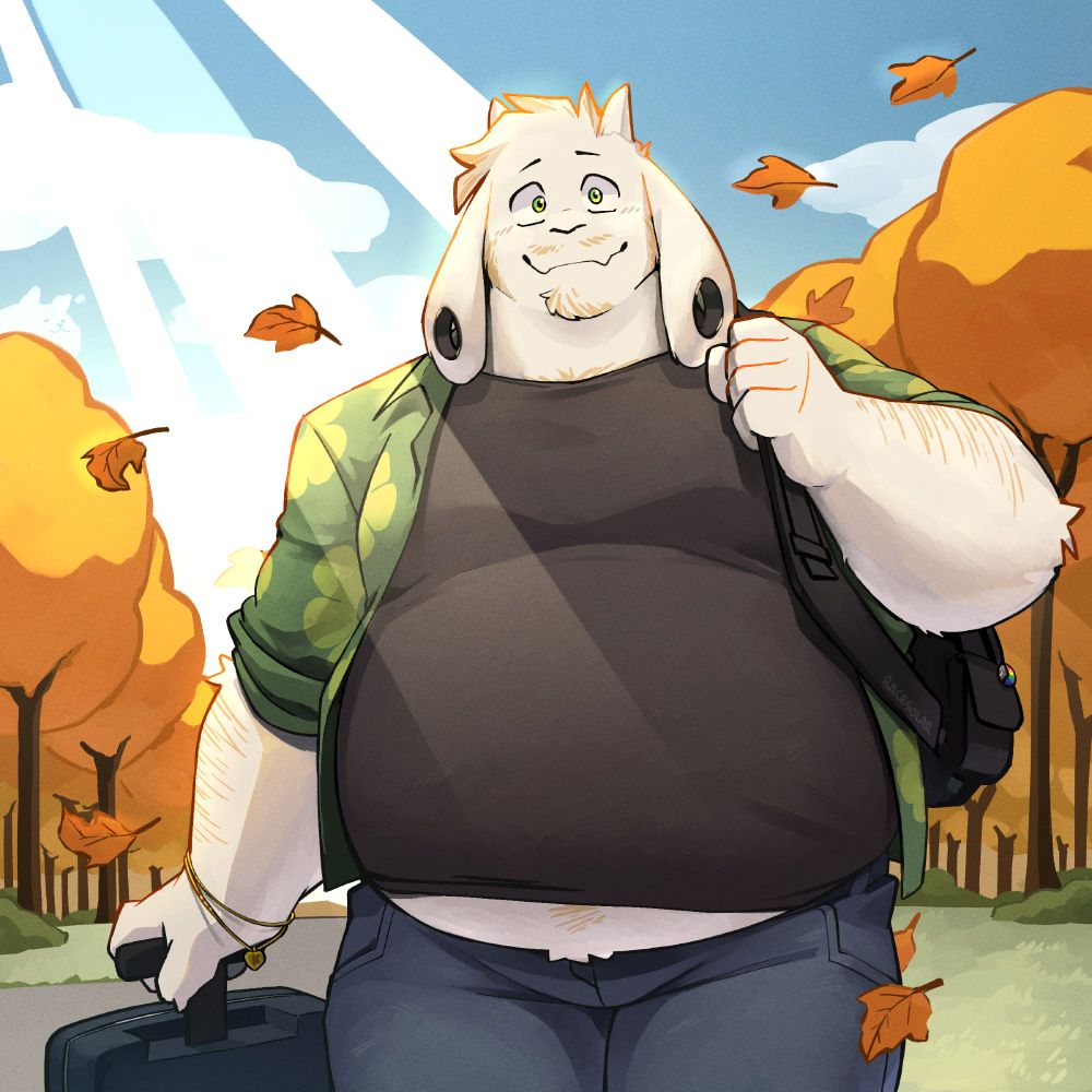 art of Asriel coming home from college. he's gotten chonky and extra-fluffy, with his belly peeking out from under his t-shirt. he's wearing a flower-patterned shirt.
