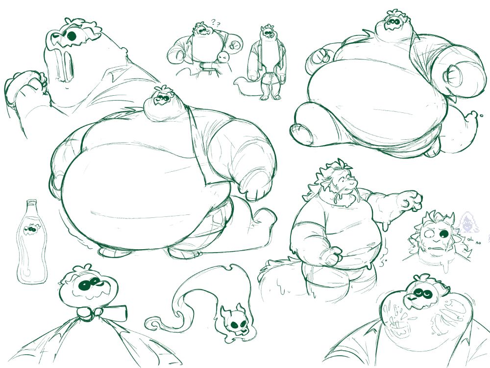 a sketchpage of Sog, a very big and round slime boy with a dragon skull for a head. there are lots of sketches of how malleable he is, and one of Sol transforming into a slime