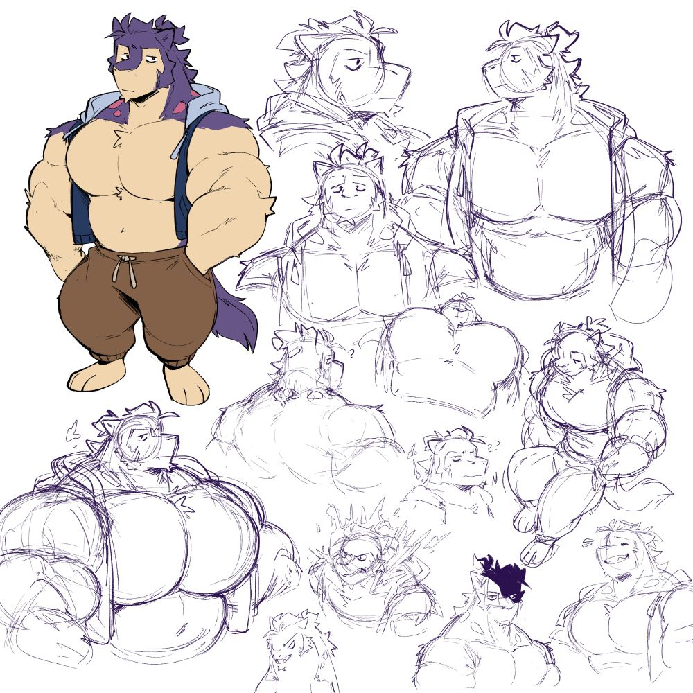 a sketchpage of helio, a purple hisuian/johtoian typhlosion cross. he looks perpetually tired and has very big tits